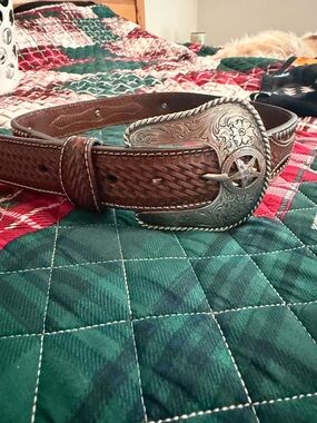 Men's Brown Leather Belt with Ornate Silver Western Buckle